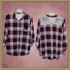 Hype Button Down Lace Panel Long Sleeve Top Size 3X